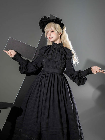 Gothic Long Sleeves Kuro Lolita Waist Black High All Dress