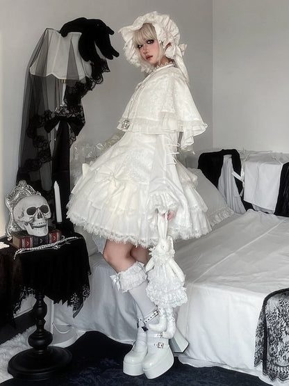 White Double-Layered Hem Jumper Skirt with Bow Decor