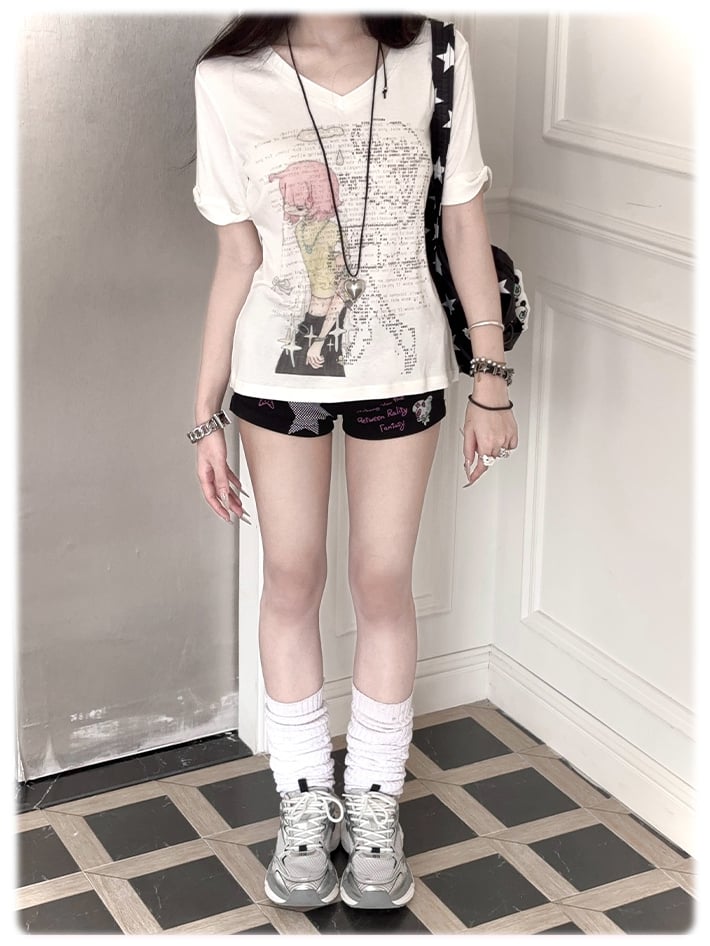 Green/Pink Anime Girl Print V-neck T-shirt