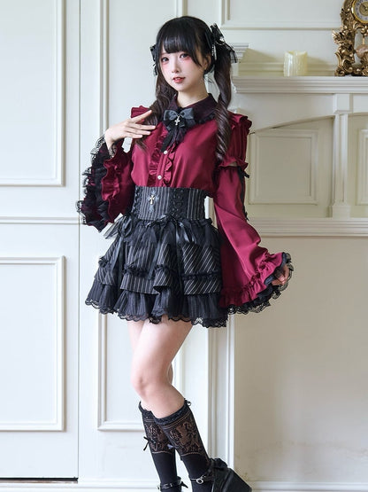 Black Skirt Tiered Lace and with Lace-up Details Striped Cross Ruffle Kei Jirai