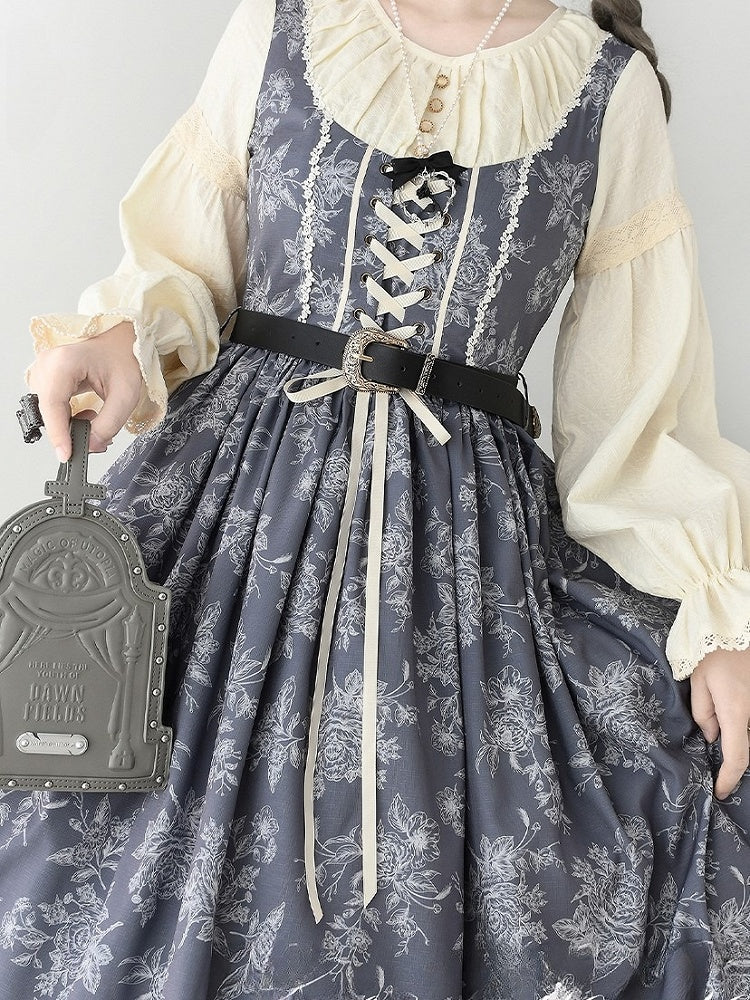 Gray & Beige Rosette Print Long-sleeved Elegant Classic Lolita Dress