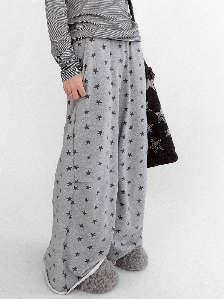 Pants Grey Floor-Length Print Star - Wide-leg