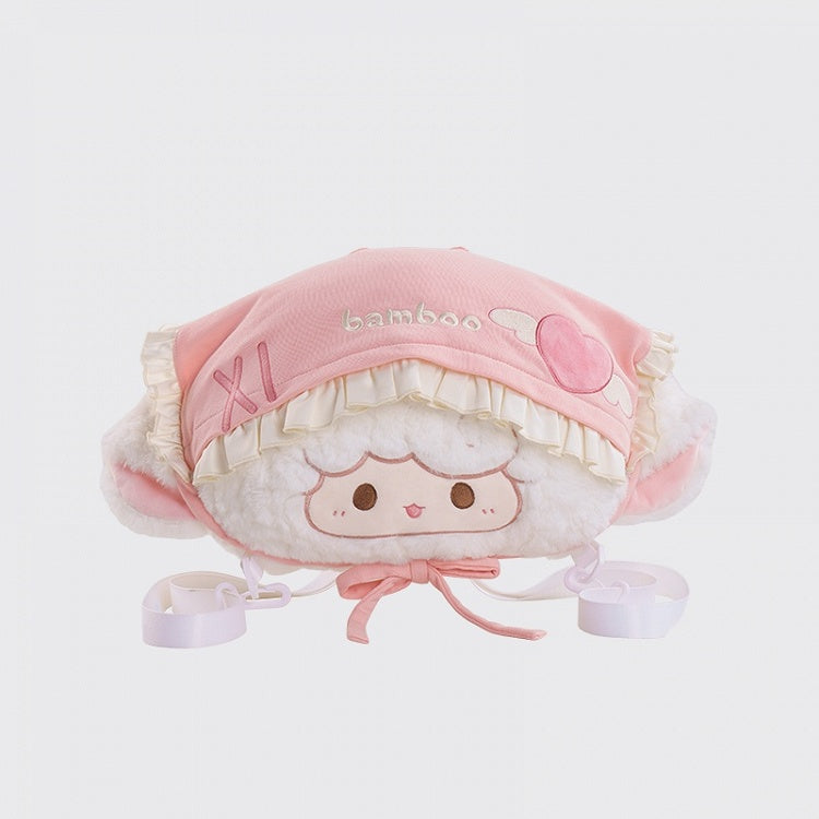 White&Pink Lamb-shaped Bowknot Plush Backpack