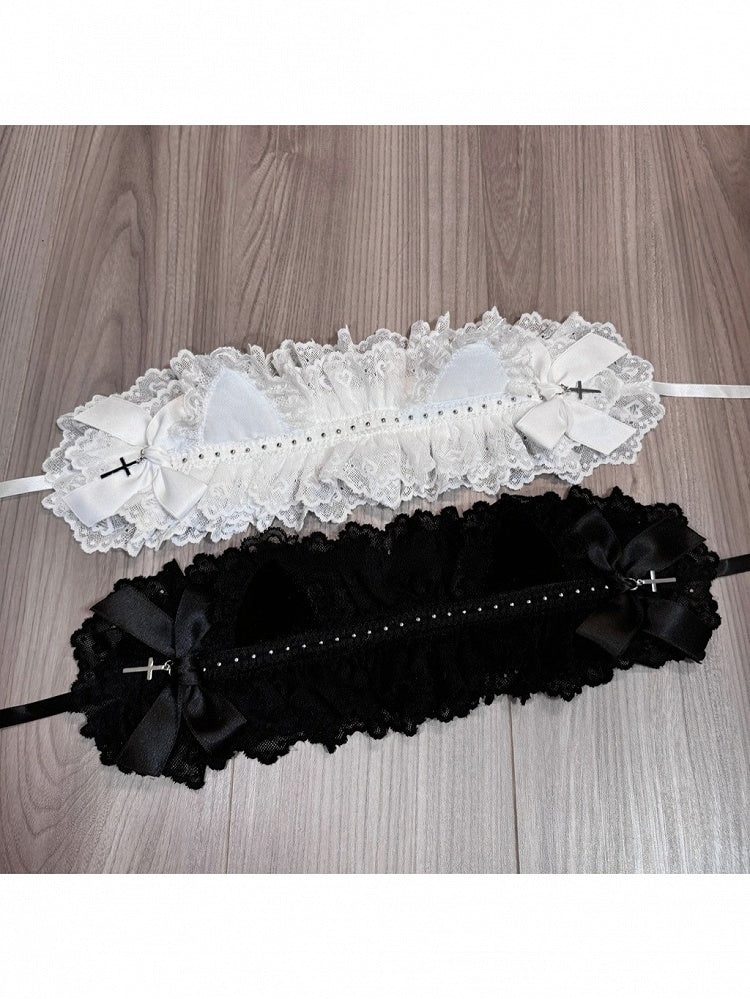 Lace Lolita Hairband with Cat Ear Design in White and Black - Magic Diary