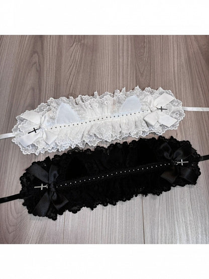 Lace Lolita Hairband with Cat Ear Design in White and Black - Magic Diary