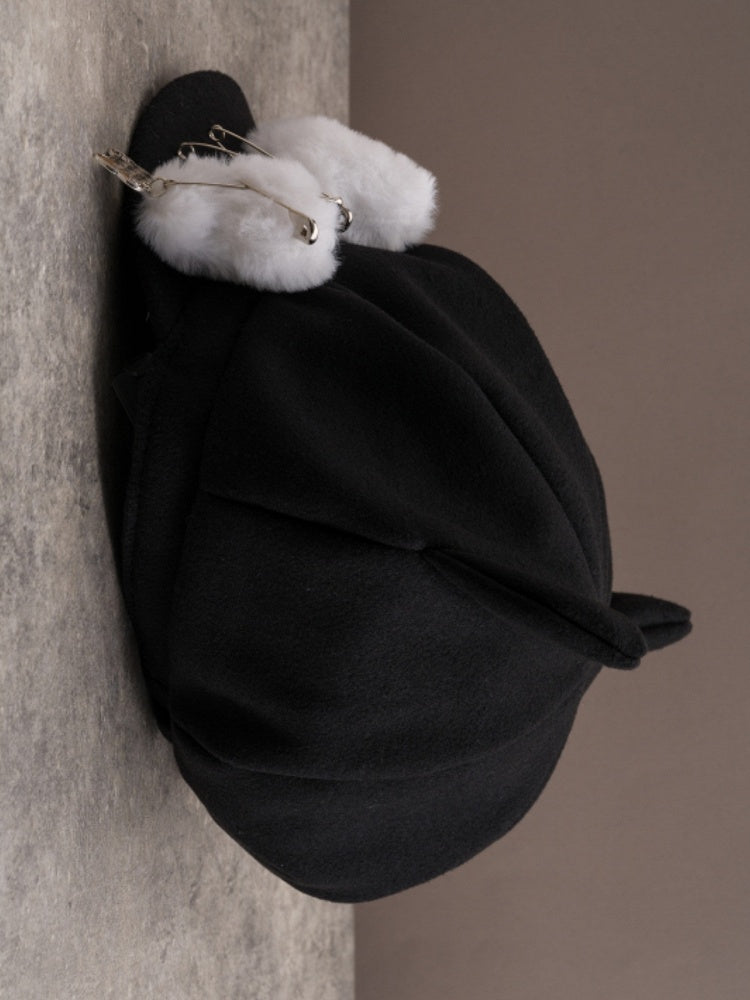 Gothic Decorated Bone Black Plush Pin Ear Hat Beret Design Cat