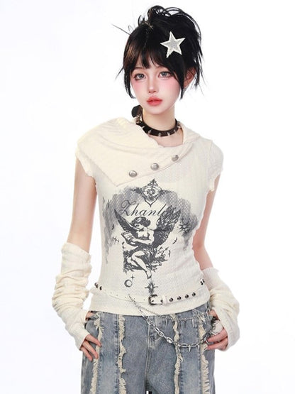 Collar Daily Knit T-shirt with Angel Print Asymmetrical Kawaii Beige