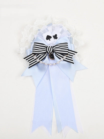 White with Striped Black Bow and Blue Chain Ribbon Hairclip Lolita Bead