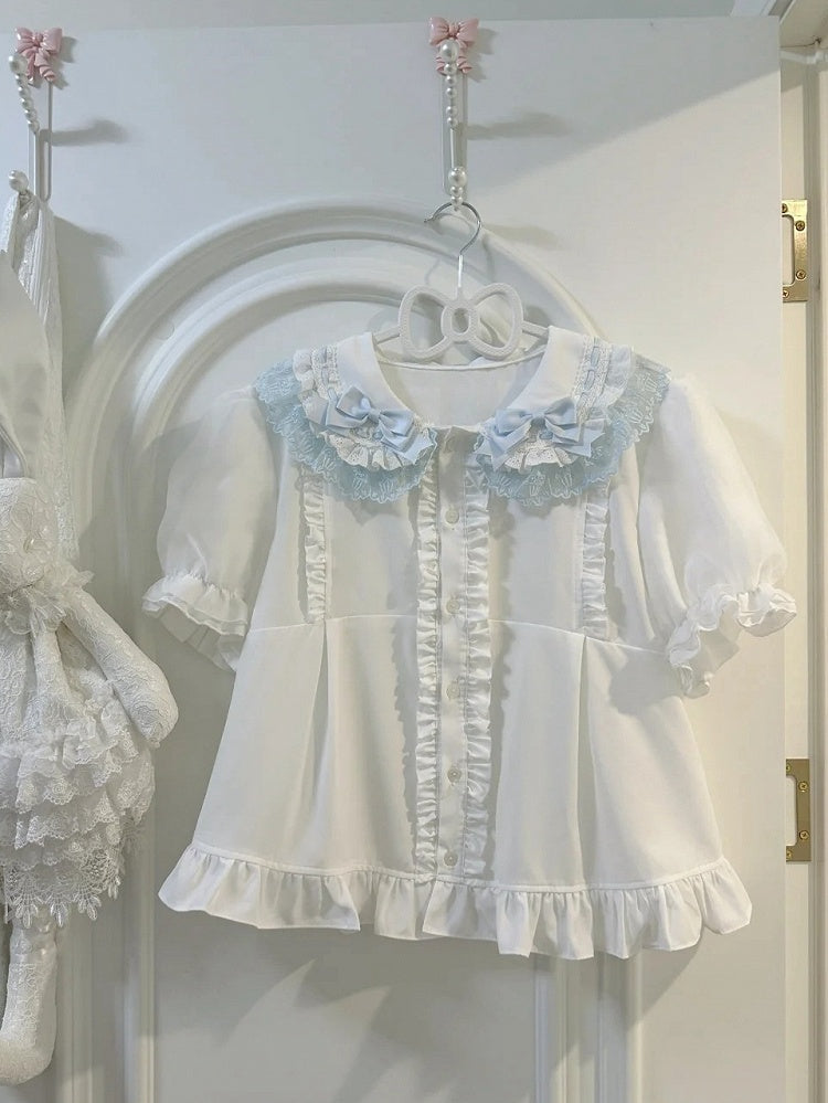 Shirt and Round Sleeves Collar Blue White Flat Lolita Short