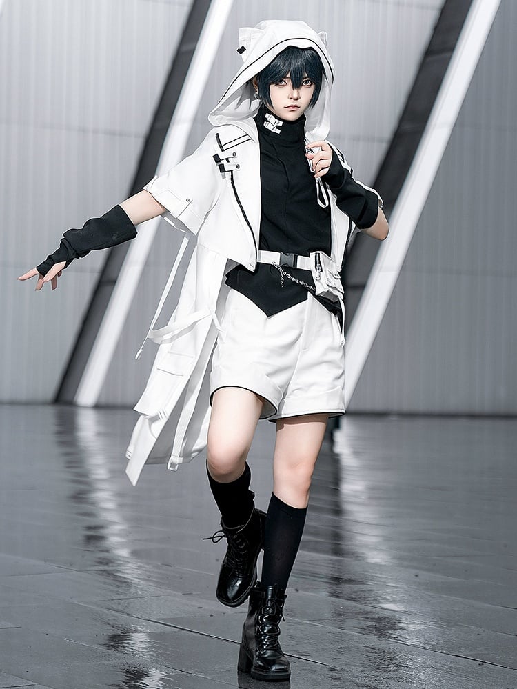 Ouji Hooded Techwear Cat Fashion White Ears Cyberpunk Coat
