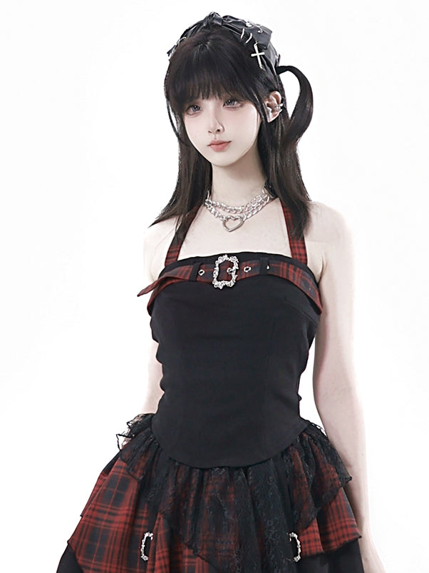Plaid Adjustable Idol with Red/Black Top Black Panel Cami Y2K - Buckle Self-Tie Halter