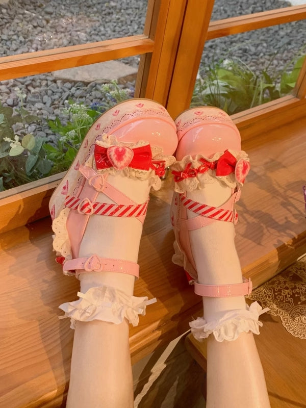 ラズベリーストロベリーケーキピンクのスイートロリータプラットフォームメリージェーンシューズ