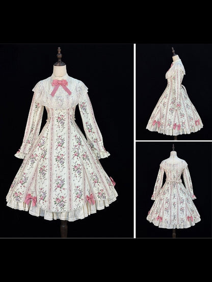 Beige Floral Print Refined Lolita OP Dress with Bow & Lace Accents - Miss Cube Dressworks