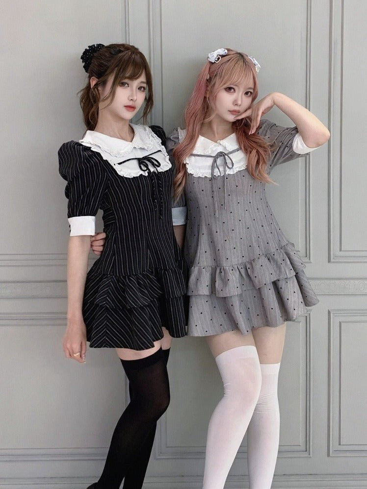 Gray Heart-Printed Peter Pan Collar Ruffled Short Sleeve Dress - Smyster