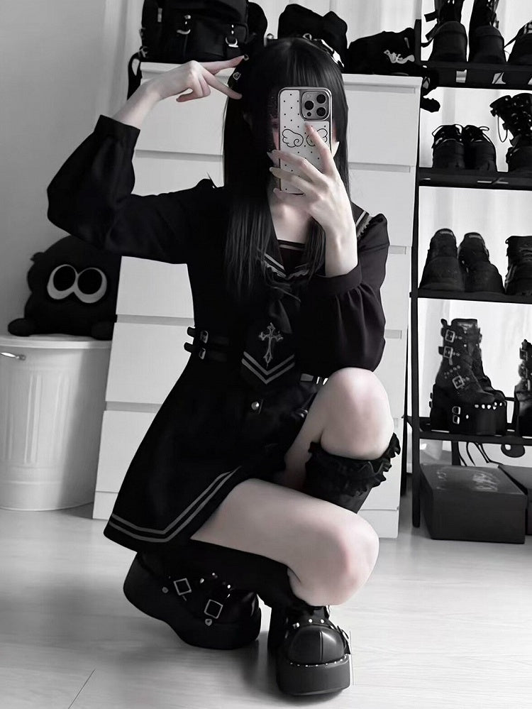 Sailor Collar Dress Set with Shorts and Tie - Ekomi