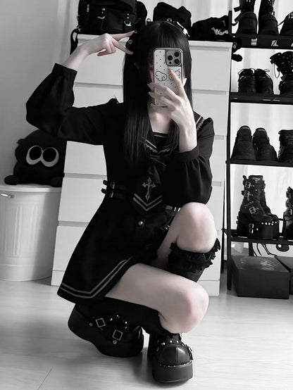 Sailor Collar Dress Set with Shorts and Tie - Ekomi