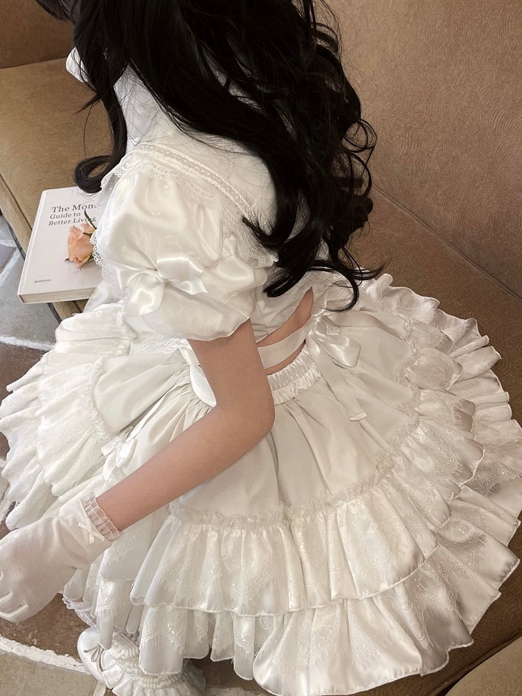 Bow Layered Lolita with Gothic Skirt Embellishments White Lace