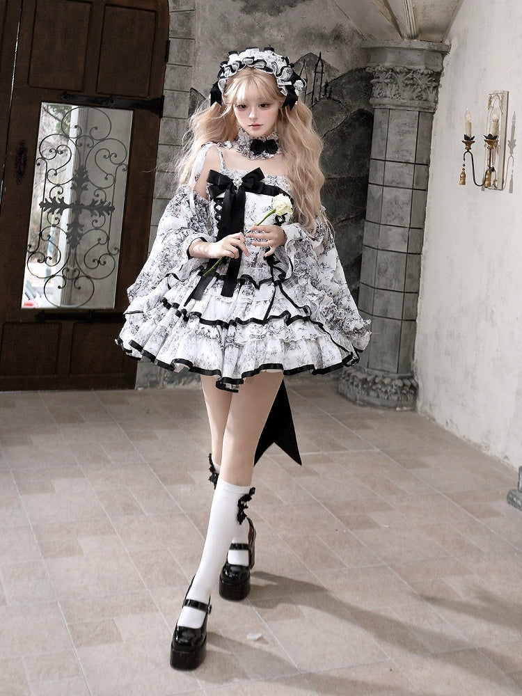 Elegant Hanayome-Style Black & White Porcelain-Inspired 82CM-Length Lolita Princess Dress - Sleepless Star