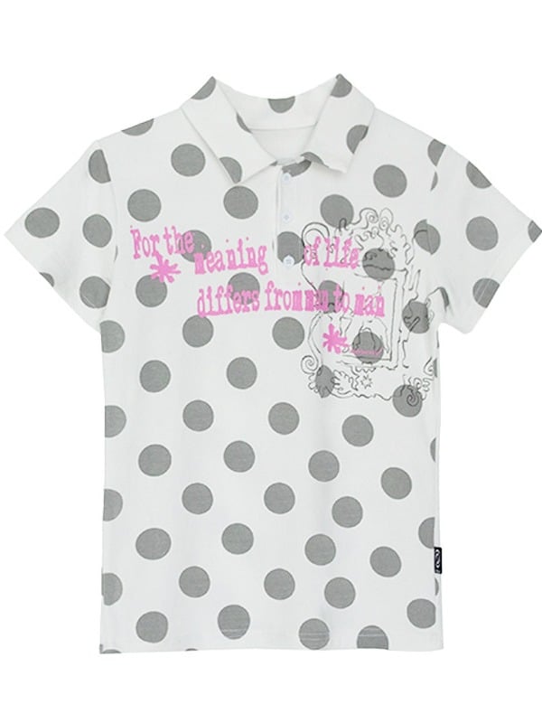 White Gray Polka Dot Polo Shirt with Letter Print - innomoood
