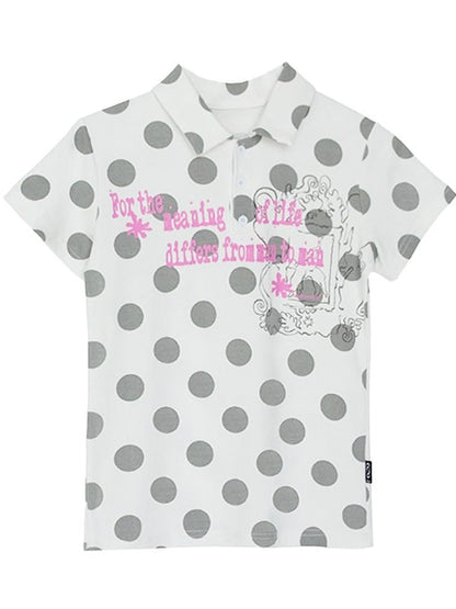 White Gray Polka Dot Polo Shirt with Letter Print - innomoood