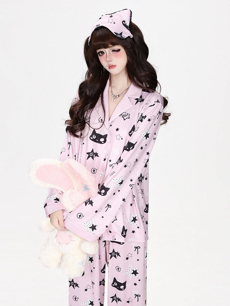 Kawaii Kitty and Star Print Two-Piece Loungewear Set in Pink - CRAZY GIRL