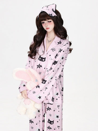 Kawaii Kitty and Star Print Two-Piece Loungewear Set in Pink - CRAZY GIRL