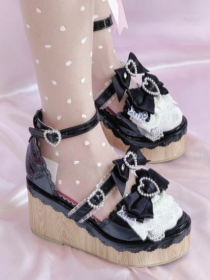 Beaded - Sandals Black Platform Showa-style Buckles Wedge Heart