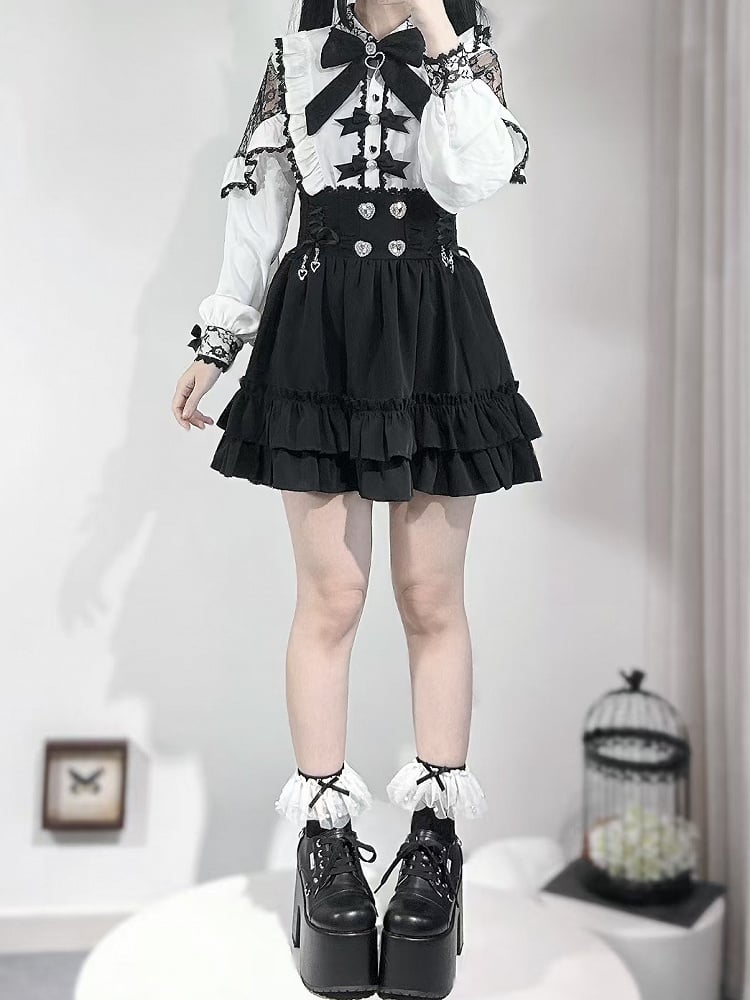 Skirt Decorated Jirai Heart Rhinestone Tiered Lace-up Kei Details Black