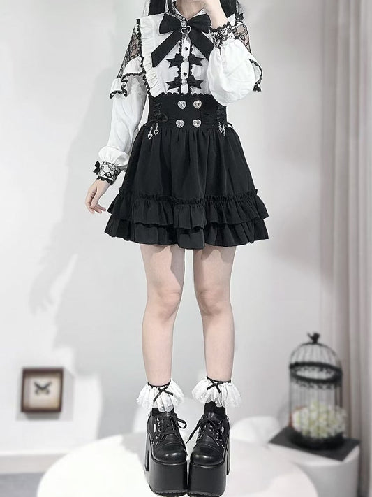 Skirt Decorated Jirai Heart Rhinestone Tiered Lace-up Kei Details Black