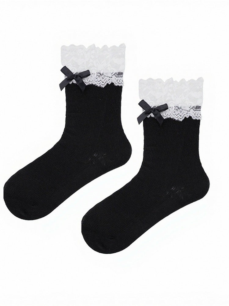Four-Color Lace Trim Ankle Socks with Bowknot - ModaSwings