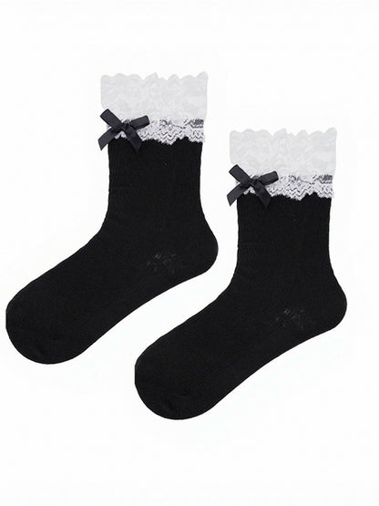 Four-Color Lace Trim Ankle Socks with Bowknot - ModaSwings
