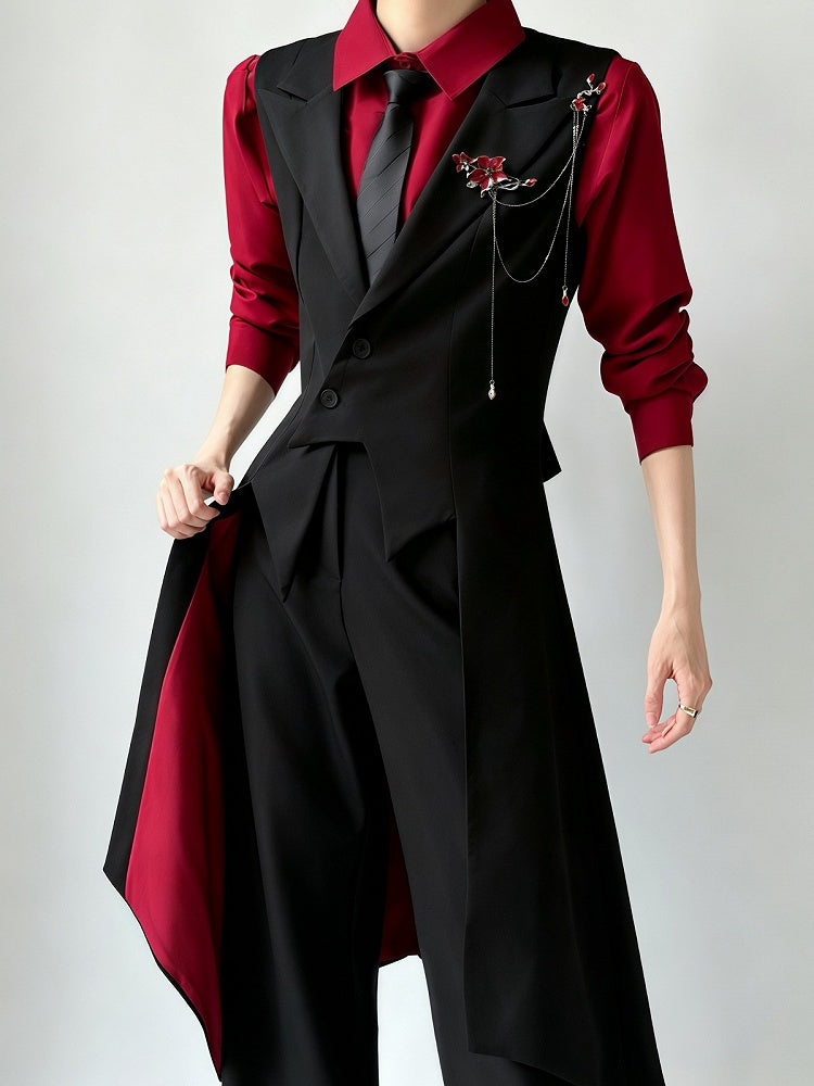 Red Inner Lining Black Tailcoat Dark Prince Waistcoat - ROAE