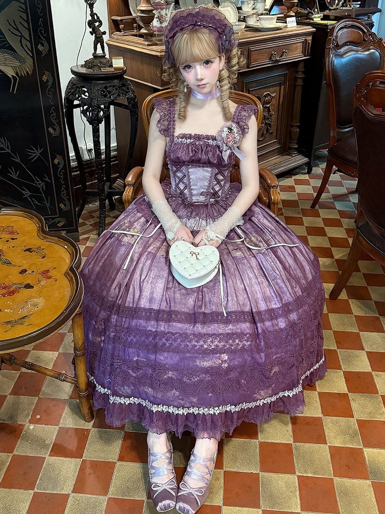 Rock Baskisch + Lila Taille Malerei Klassisches Entbeintes Öl Top Lolita Overlay Print