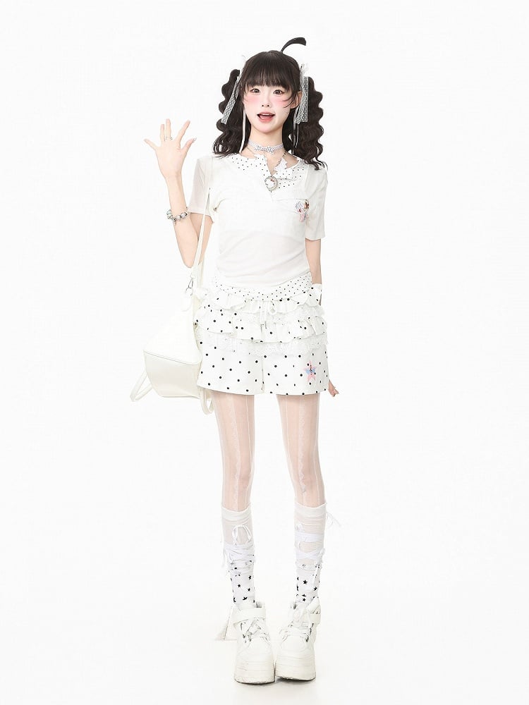 Casual White Two-Piece Polka Dot Tee with Emblem - Languid Park
