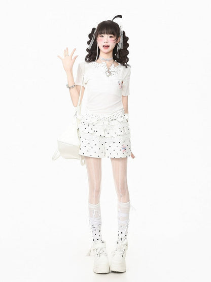 Casual White Two-Piece Polka Dot Tee with Emblem - Languid Park