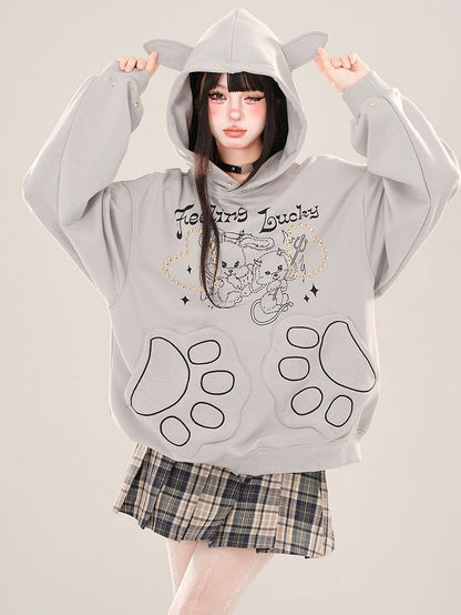 White/Grey Devil Bunnies Print Studs Loose Hoodie