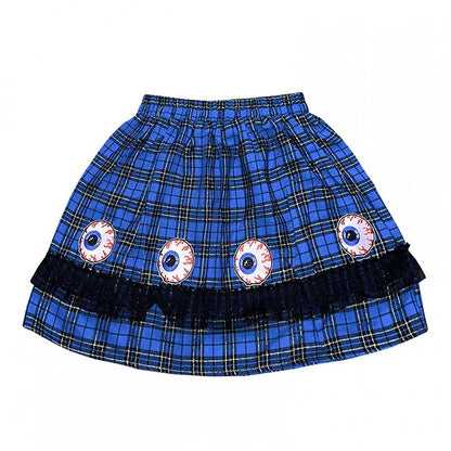 and Blue Trim Plaid Ruffle Y2K Punk Skirt Lace Eye with Embroidery