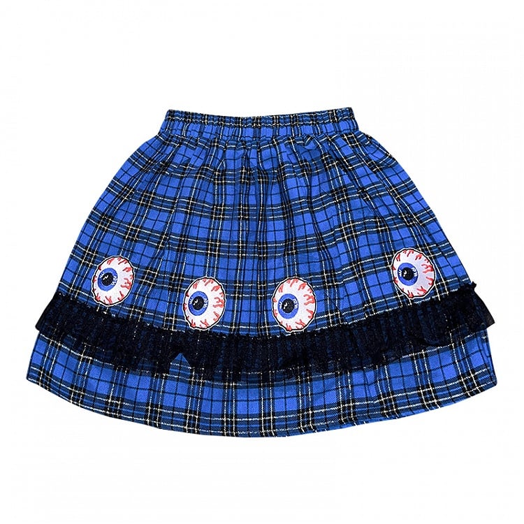 and Blue Trim Plaid Ruffle Y2K Punk Skirt Lace Eye with Embroidery