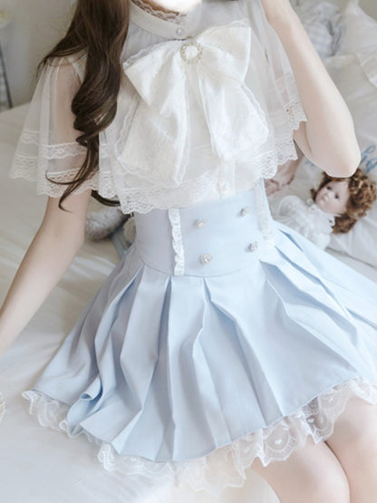 ジライケイ セット ボックスプリーツスカート + ケープトップ + ブルートリム 蝶ネクタイ ホワイトレース