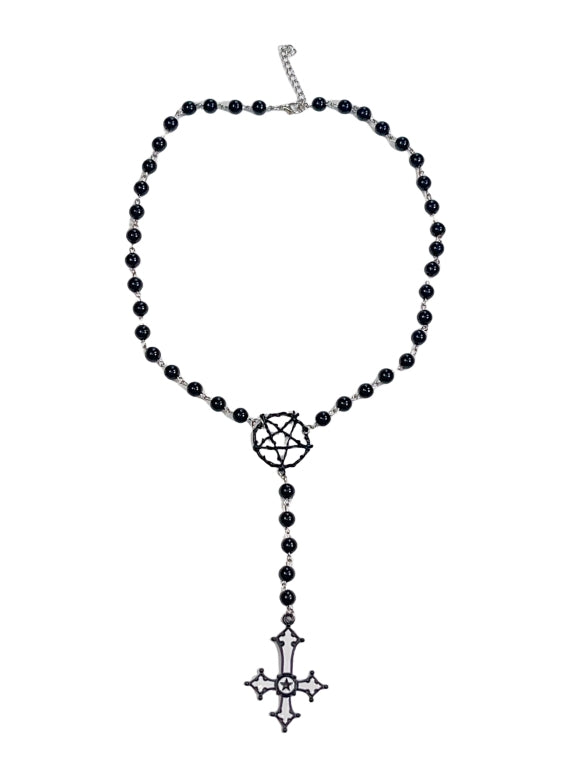 And Cross Beaded Pendant Necklace Black Pentagram