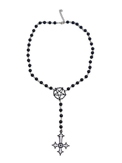 And Cross Beaded Pendant Necklace Black Pentagram