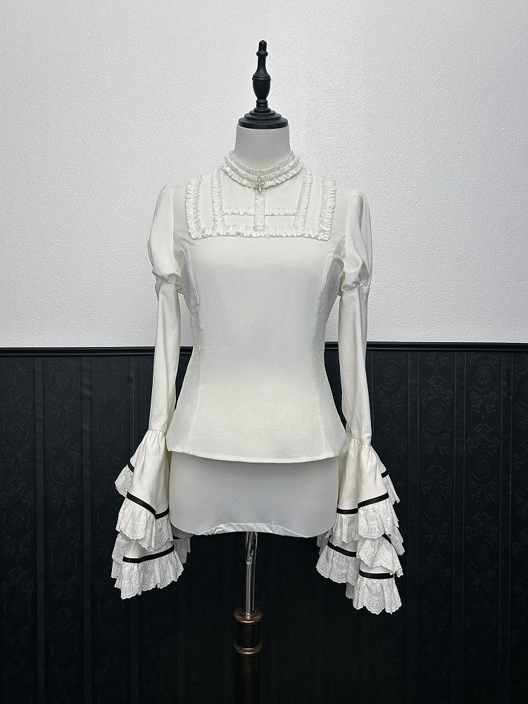 Sleeves Layered White Blouse Ruffled Neck Bell