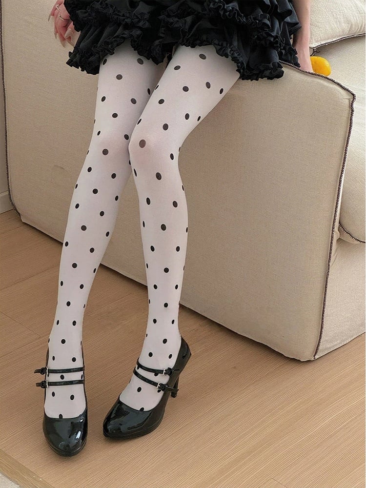 White Sweet Dot Style) (Vintage Black Polka Pantyhose