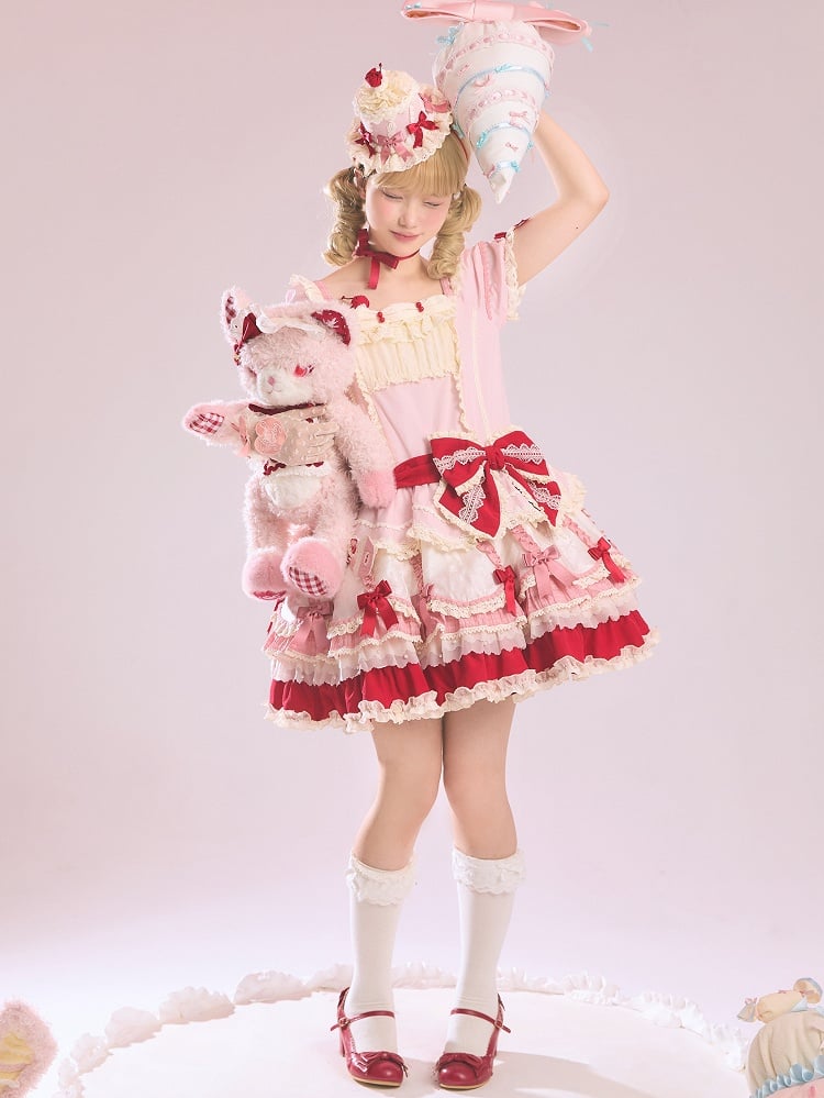and Bowknot Red Dress Lolita Sweet Pink Hem Dropped Layered Waist Details
