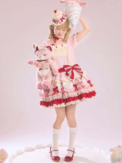 and Bowknot Red Dress Lolita Sweet Pink Hem Dropped Layered Waist Details