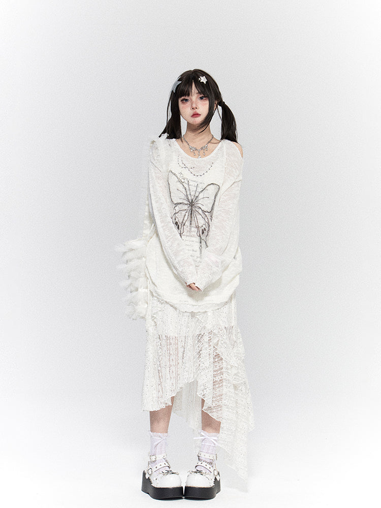 White Hem Skirt with Lace Tiered Sequin Details Asymmetric