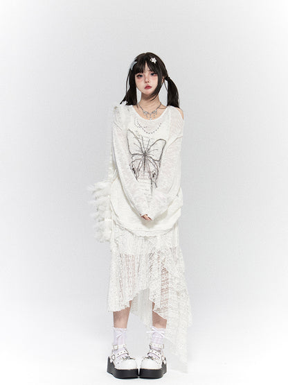 White Hem Skirt with Lace Tiered Sequin Details Asymmetric