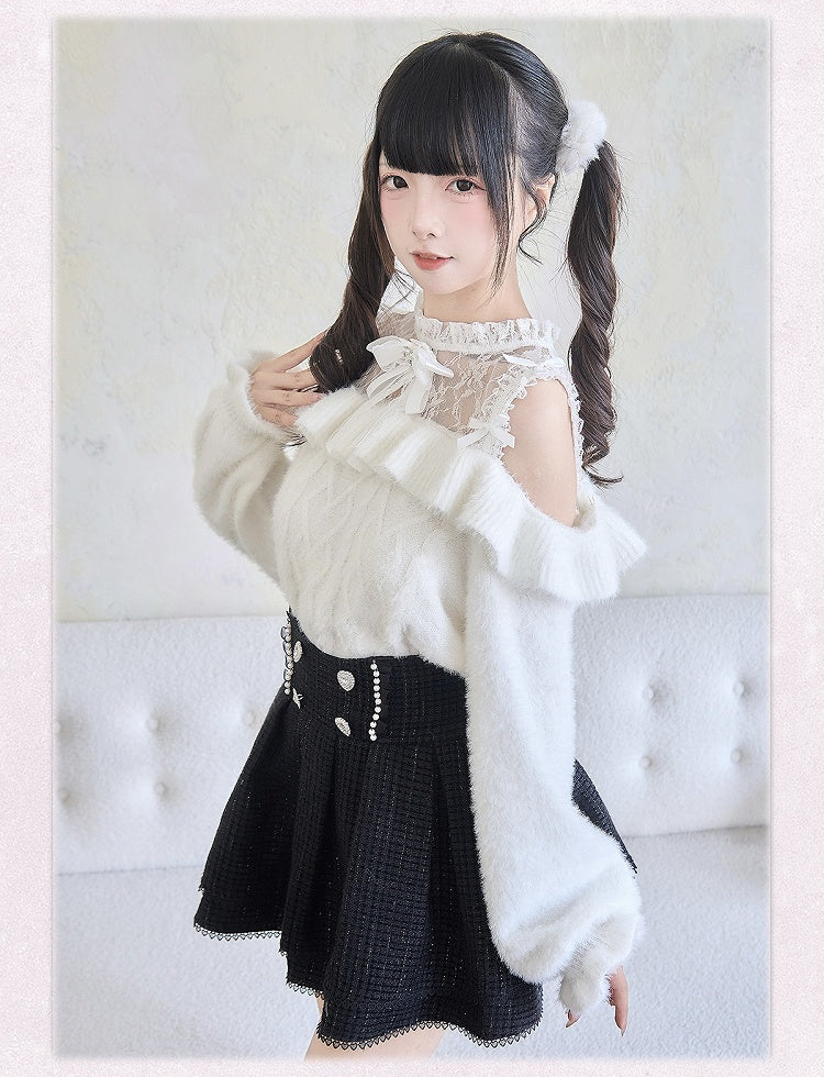 フリルトリム ホワイト ジライカイ コントラスト レースパッチ セーター カットアウト ショルダー ボウノット