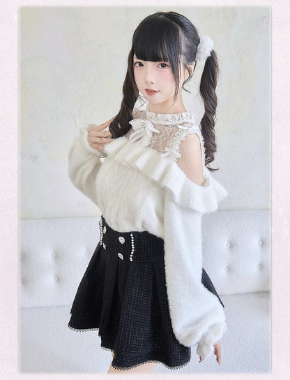 フリルトリム ホワイト ジライカイ コントラスト レースパッチ セーター カットアウト ショルダー ボウノット