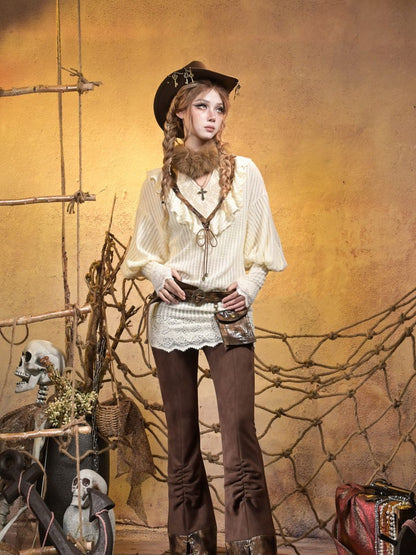 Top Faux Collar Tie Brown Shimmer Floral Punk Fur with Beige Halter